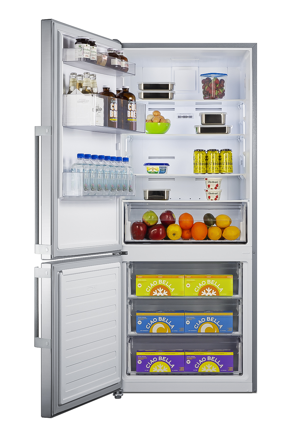 Frost-free ENERGY STAR certified bottom freezer refrigerator in stainless steel with digital controls and a left hand door swing